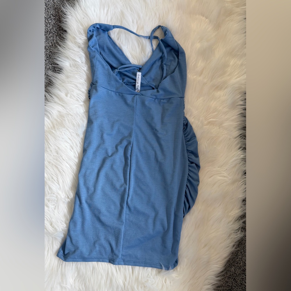 Ruched Blue Sleeveless Dress - Picture 2 of 4